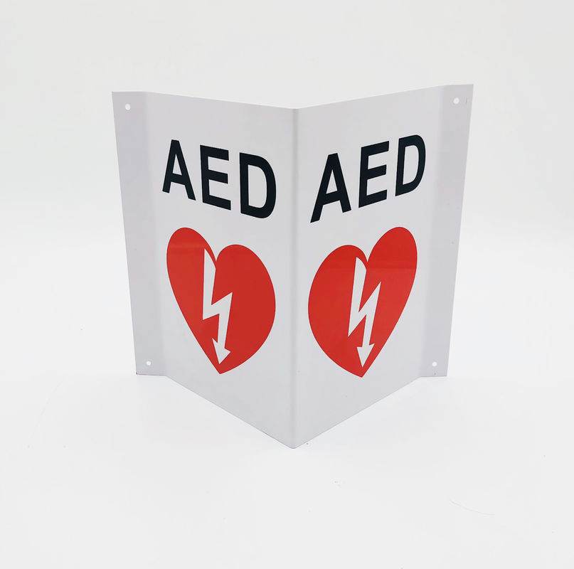 Triangular White AED Wall Sign , V Shape Plastic First Aid AED Sign